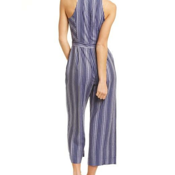 Parker Channing Linen Blend Boho Striped Classic Blue and White Beach Jumpsuit - Picture 2 of 6
